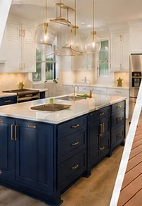 Custom navy kitchen island with a factory-smooth painted finish by Teo's Painting LLC